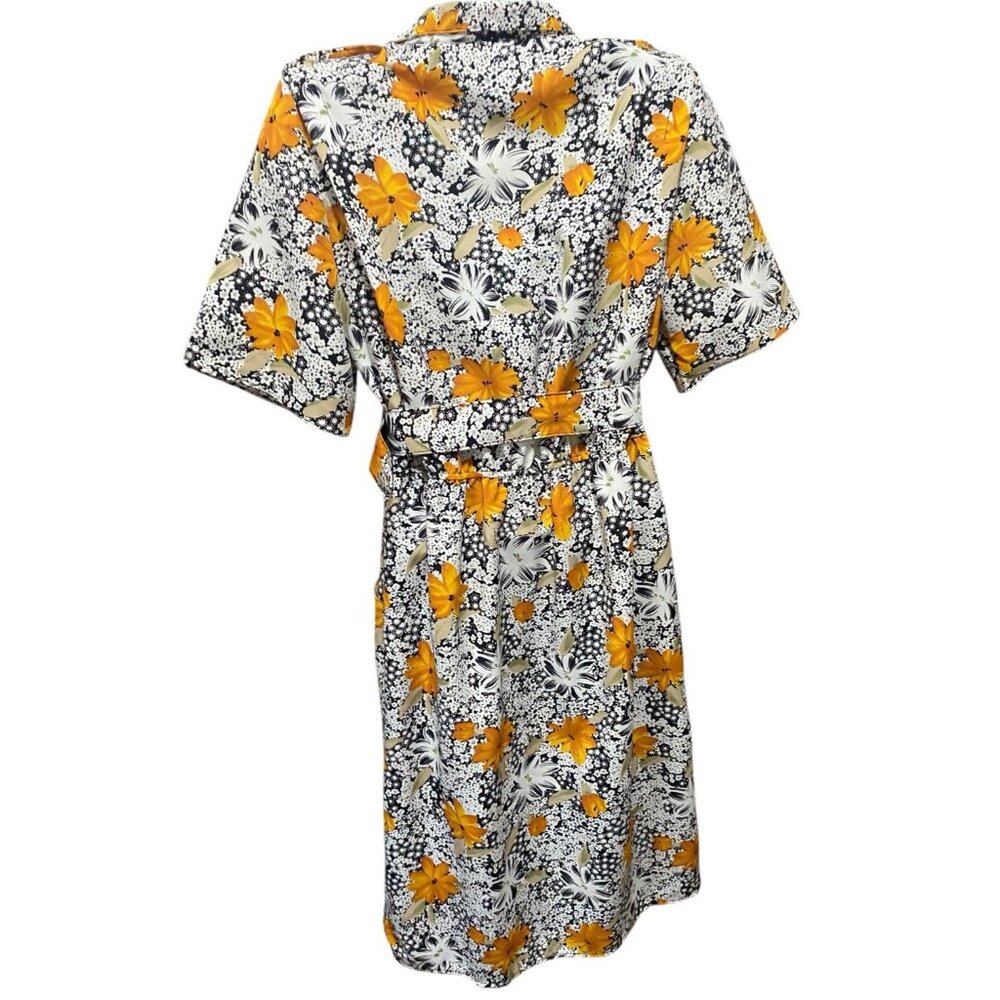 JAS Vintage Dress 2X Floral Midi Short Sleeves Collar Belted Pocket Black Yellow - Picture 9 of 15
